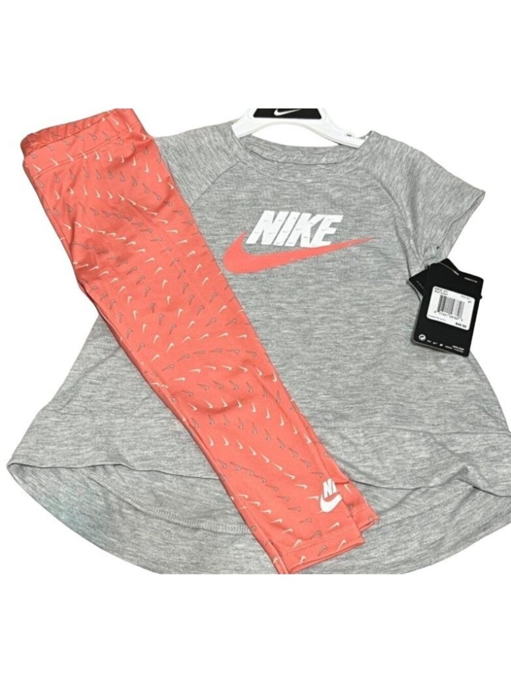 Nike girls 2T 4T swoosh 2pc set gray pink salt peach NWT leggings T shirt tunic